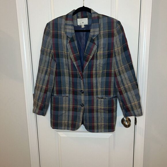 Vintage Express Men’s Blazer Jacket Medium Linen Blend Plaid - Picture 1 of 5